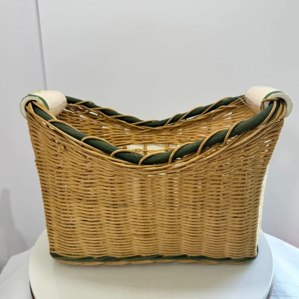 Vintage 80s Cottagecore Wicker Basket with Ceramic Floral Relief Tile and Handle